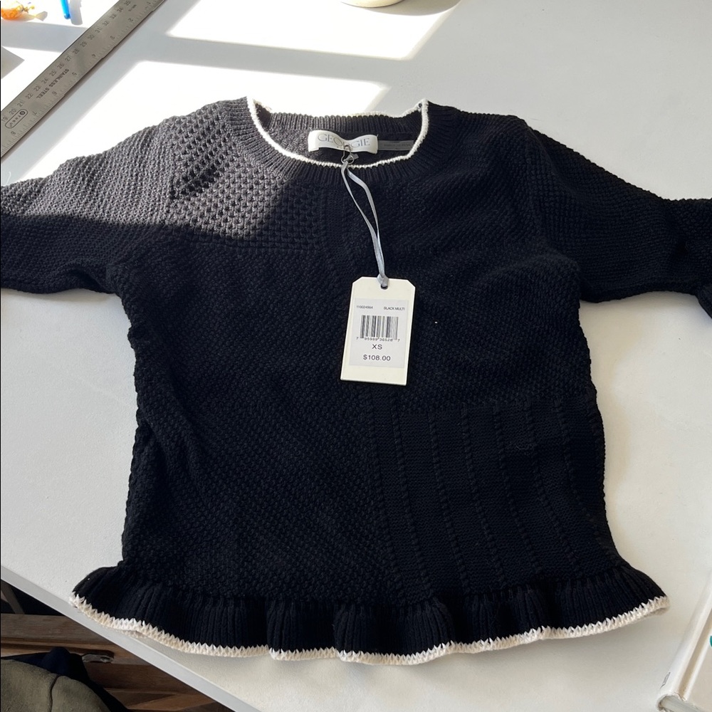 Georgie Black Crewneck Knit Sweater with White Trim